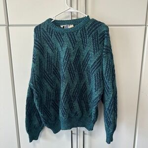 Vintage Sweaters Mens XL Teal Navy Geometric Chevron Knit Wool Blend Italy Made